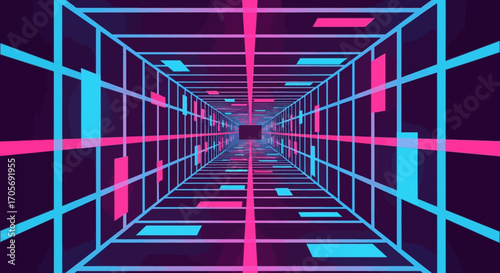 Abstract Neon Grid Tunnel Perspective Retro Futuristic Digital Background.