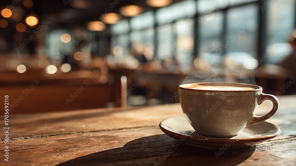 Fototapeta premium Steaming hot latte cup on an elegant cafe table, evoking a warm morning breakfast atmosphere.