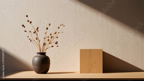 Minimalist still life with vase and wooden block in natural lighting setting