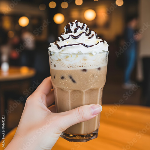POV: holding a glass of iced coffee with whipped cream, blurred café background

