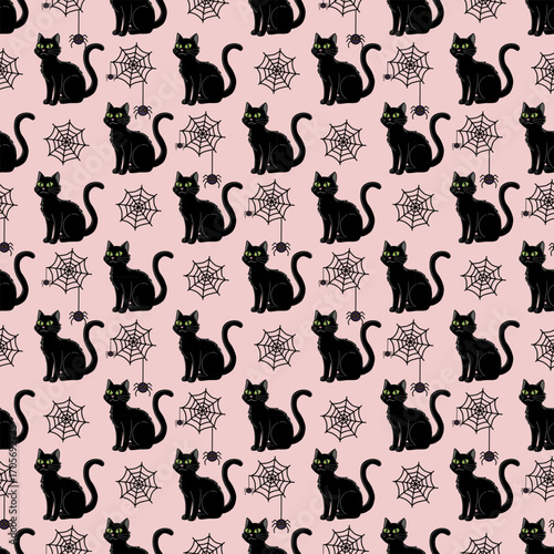 Cute Halloween Black Cat and Spiderweb Seamless Pattern