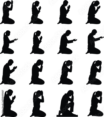 Black silhouette set of kneeling female prayer poses, expressive hand gestures and meditative postures for spiritual and emotional design use