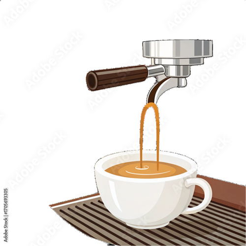 Fresh espresso pouring into a white cup from a machine