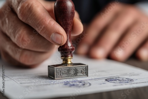 Notary public is holding a stamp and applying it to a document to make it legally valid