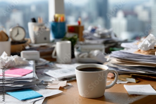 Coffee break on a messy work desk full of paperwork and documents, suggesting a busy and stressful work environment