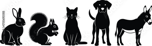 Black silhouette set of rabbit, squirrel, cat, dog, and donkey in profile for animal vector design and educational use