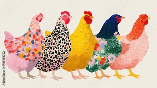 Colorful illustrated chickens in artistic paint textures, standing in a row on light background. Perfect for playful design, textile patterns, children’s products, posters, and modern farm themes.