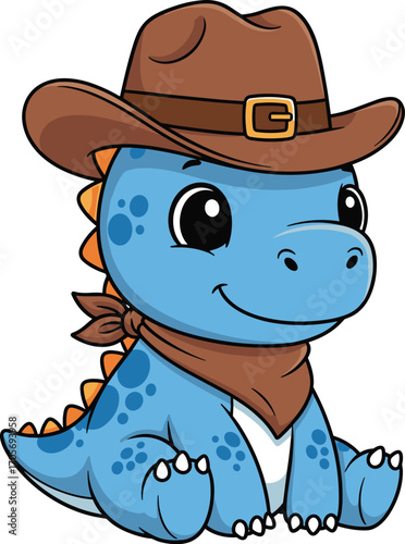 cartoon dinosaur, cowboy hat, blue dino, smiling character, kids illustration, fun animal, vector art, playful design, child character, orange spikes, friendly dino, bandana neck, cute cartoon, dinosa