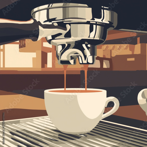 Espresso machine brewing coffee into a white cup
