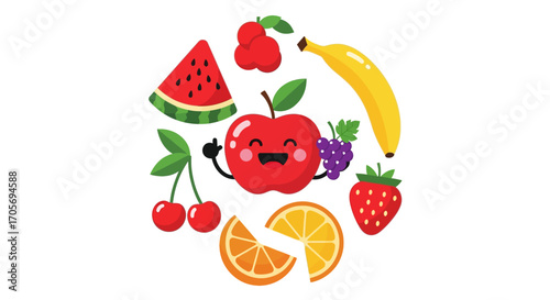 Collection of cute cartoon fruits with happy faces arranged in a circle.