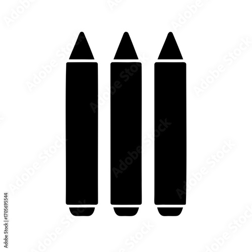 Three Black Crayons with Triangle Tips, Isolated on White Background, Simple Illustration