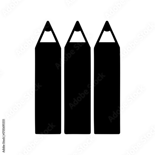Three black colored pencils stand side by side against a white background