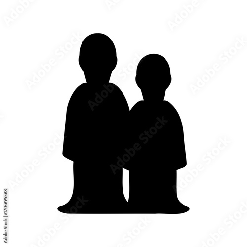 Black silhouette of two figures standing closely together on white background art