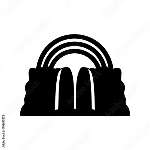 Stylized waterfall with rainbow like arches in a black and white design
