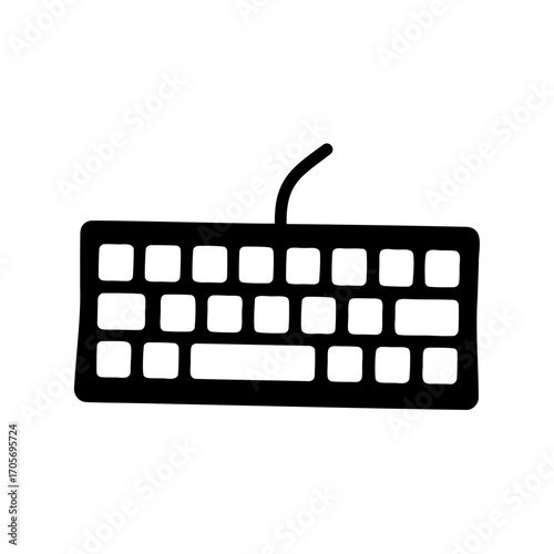 Simple black and white illustration of a computer keyboard with connected cable