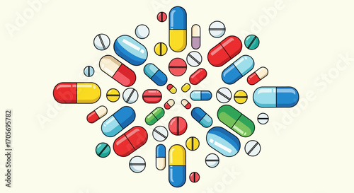 Colorful assortment of medical pills and capsules illustration.