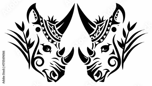 Two mirrored tribal rhinoceros heads with geometric patterns and foliage in black and white design art silhouette