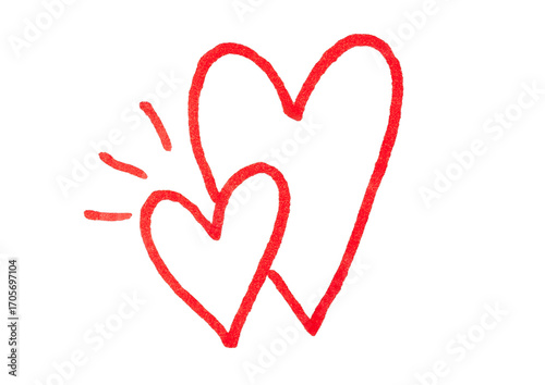 A hand-drawn icon of two overlapping red hearts on a gray background, with small lines radiating from the smaller heart. This symbolizes concepts of love, romance, relationships, and affection.