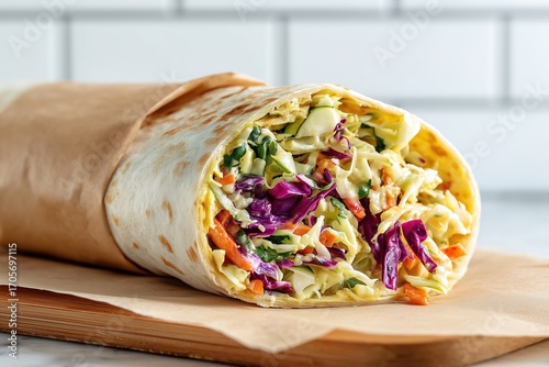 Close-up of eggless mayo veg frankie with creamy coleslaw filling wrapped in soft rumali