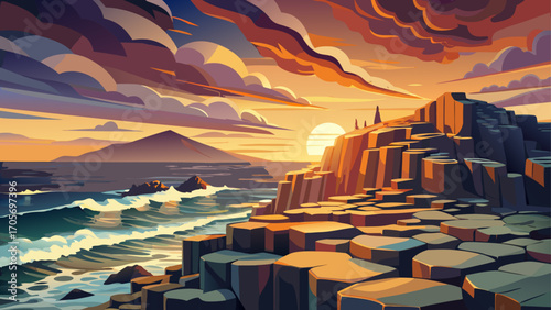 Dramatic coastal cliffs cradle Giant’s Causeway, Northern Ireland, its hexagonal basalt columns stretching toward crashing Atlantic waves beneath streaked sunset clouds.