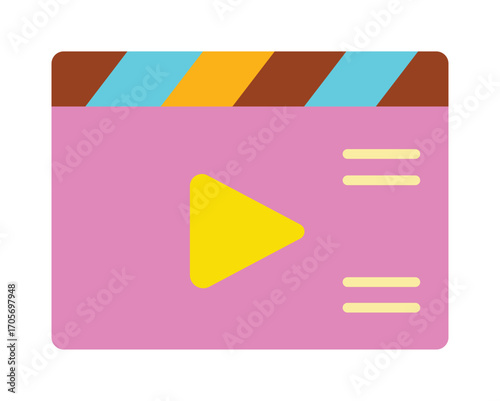 Colorful flat design movie clapperboard icon with a play button. A simple graphic for film, video production, and media entertainment concepts.