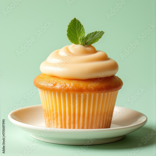 Soft peach muffin with creamy frosting and mint leaf, placed on light meadow green background, natural light effect enhances freshness, commercial use image ideal for spring and healthy eating themes