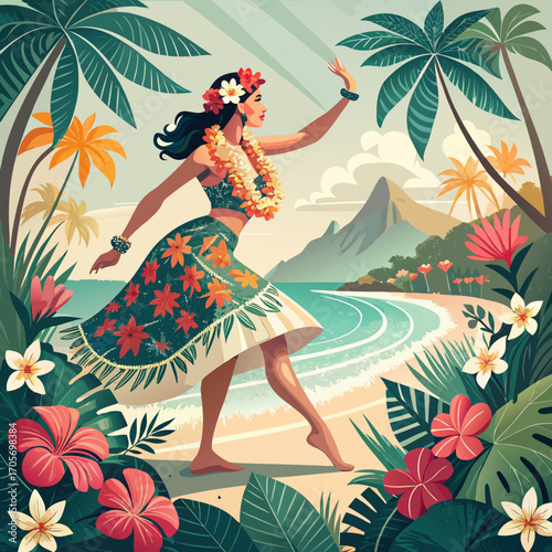 Vector Illustration of Hawaiian Hula Dancer in Traditional Costume with Tropical Island Background