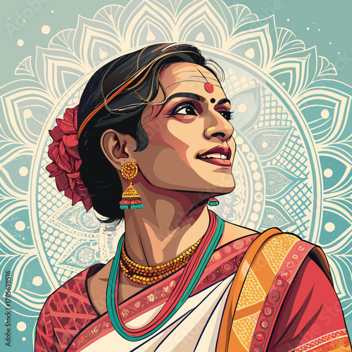 Vector Illustration of Indian Transgender Woman Hijra Kinnar in Traditional Attire