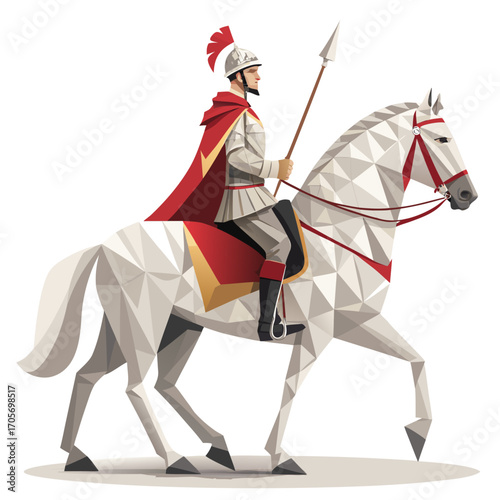 Geometric Vector Illustration of Royal Guard Riding White Horse in Polygon Abstract Design