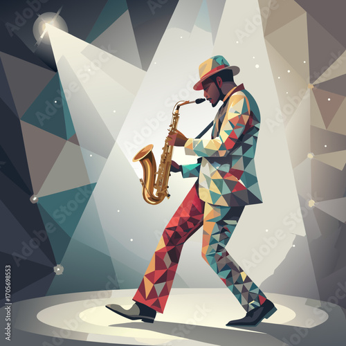 Geometric Vector Illustration of Saxophone Player Performing in Polygon Abstract Jazz Music Design