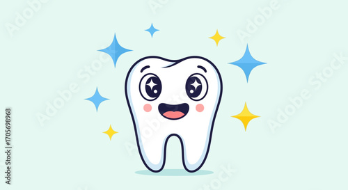 Cute happy sparkling white tooth character illustration.