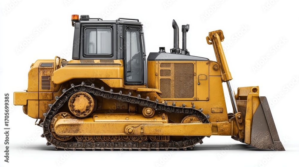 Fototapeta premium Construction machine loader in idle position worksite environment high-detailed view of bulldozer lifted blade
