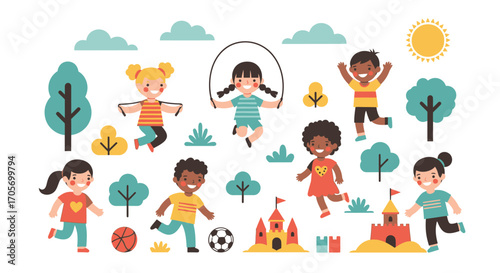 Diverse Children Playing Outdoors with Trees, Clouds, Sun, and Sandcastles.