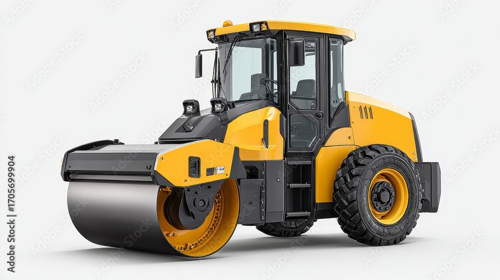 Fototapeta premium Construction machine action dualdrum road roller lift loader work at construction site high-realism environment
