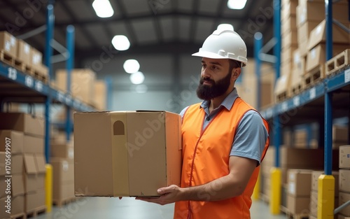 Warehouse operative opening a carton box. High quality
