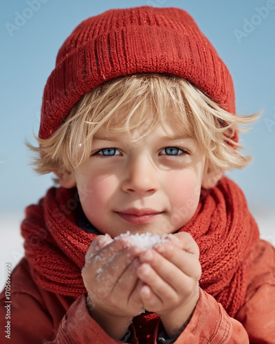 A young blonde boy wearing a red hat and a red scarf is blowing snow into the air. The boy has a big smile on his face, and the scene conveys a sense of joy and playfulness