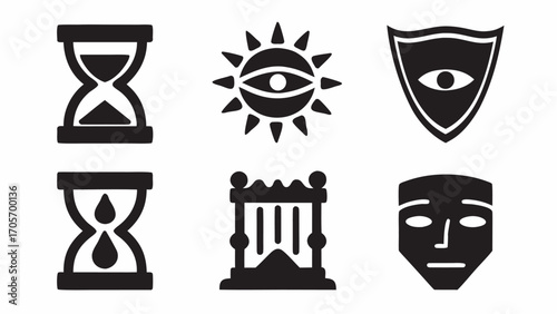 Collection of symbolic icons including hourglass sun eye shield and mask in a simple black design silhouette