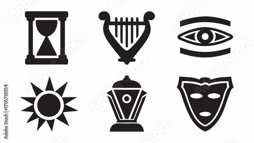 Illustration of hourglass, harp, eye, sun, lantern, and mask symbols in black on a white background silhouette