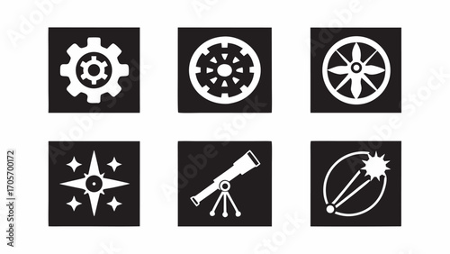 Collection of white icons on black squares including a gear a wheel a propeller and a telescope design silhouette