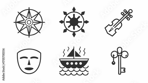 Illustration showing compass rose, decorative wheel, violin, theatrical mask, boat and key with baubles design silhouette