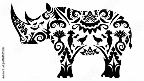 A rhino silhouette filled with tribal patterns birds and plant life in a black and white illustration