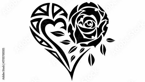 Heart shaped tribal tattoo design with a rose on the right side in black and white illustration silhouette