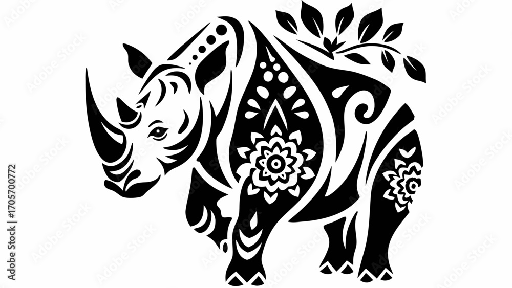 Obraz premium Stylized rhino with floral and leaf patterns in black and white intricate design illustration art work silhouette