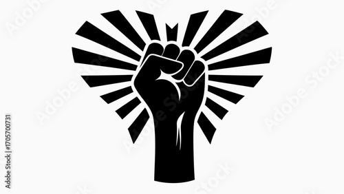 Black raised fist in solidarity against a heart shaped burst on a white background in a vector graphic silhouette