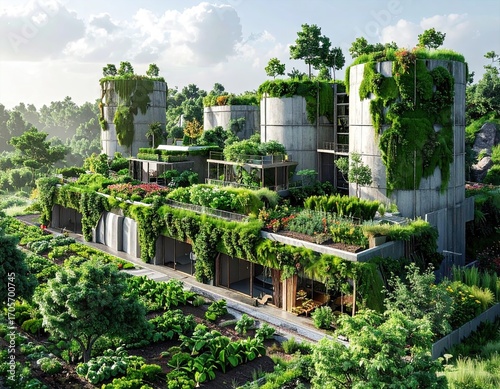 Overgrown Concrete Structures in Lush Green Landscape