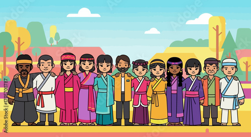 Diverse Group of People in Traditional Attire Standing Together.