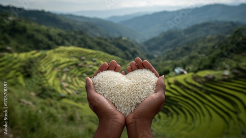 Two hands holding a lot of white, uncooked rice. The rice is forming a heart shape. 2