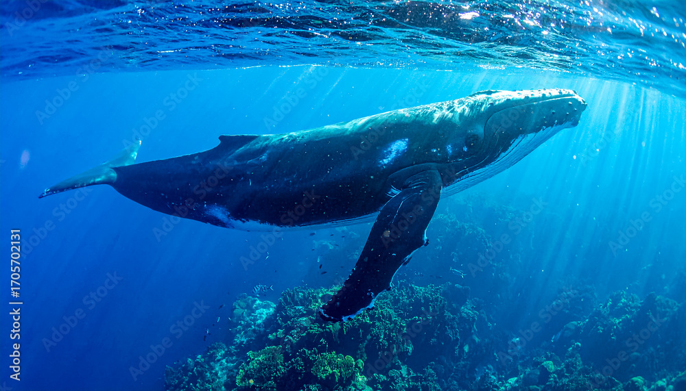 Fototapeta premium Majestic Humpback Whale Gliding Through Sunlit Ocean Depths