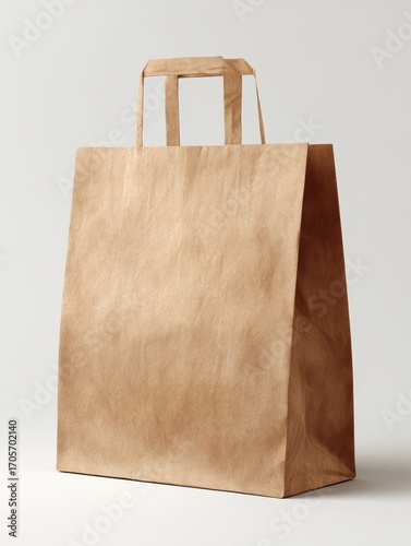 Simple brown kraft paper shopping bag with handles, standing empty and isolated on a plain white background.