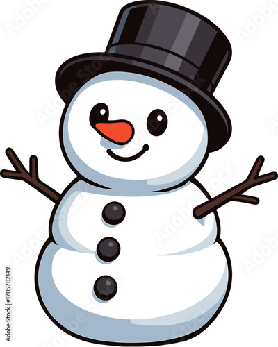 黒のシルクハットのかわいい雪だるまのイラスト